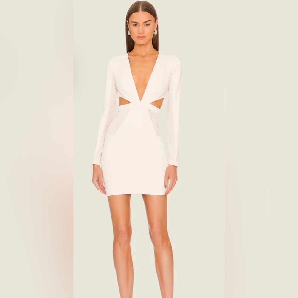 Michael Costello Ivory Deep V Long Sleeve Mini Dress
